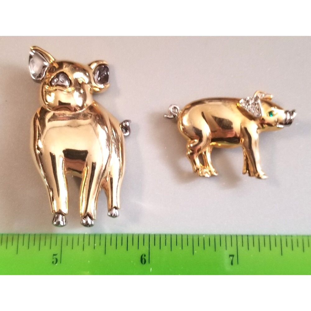 Pig Fashion Pins - Gold Tone - Lot of 2 Different Brooches